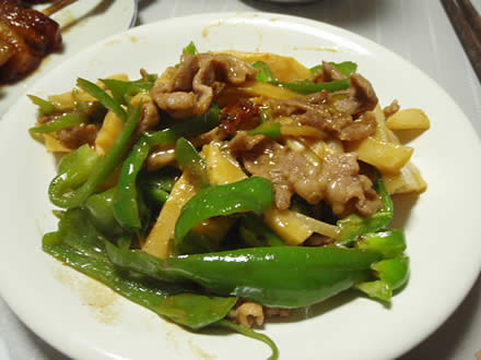 オクラ・みょうが・長芋・焼鳥・ピーマンと筍と豚肉の炒め物・炒飯・幸水梨