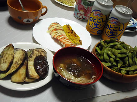 いげしの吸物・なすの田楽・マヨ鮭焼・だだちゃ豆・泡盛・島唄