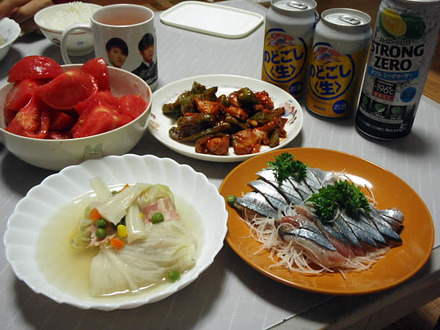 ロールキャベツ・しし唐と鶏肉の韓国風・さんま刺身・刈屋幸水梨