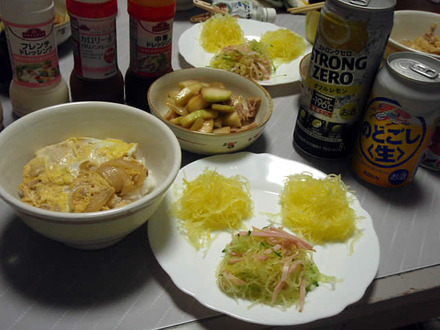 糸かぼちゃ(金糸かぼちゃ)3種盛・親子丼・夕顔と豚肉の炒め物