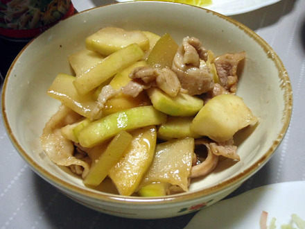 糸かぼちゃ(金糸かぼちゃ)3種盛・親子丼・夕顔と豚肉の炒め物