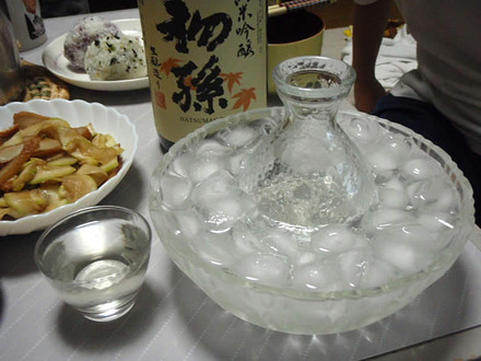 いも煮・秋あがり生酛純米吟醸初孫・おにぎり・夕顔・みょうが