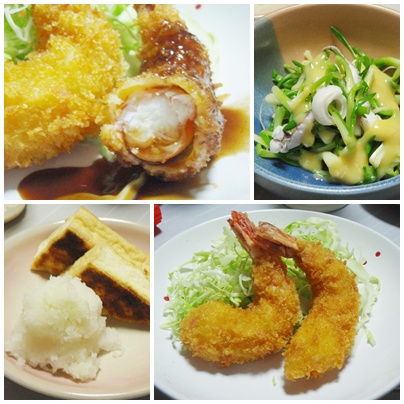 えびフライ(阿部鮮魚店)・きもとといかの酢味噌和え・厚揚げの宝谷かぶ添え