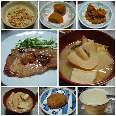 もう、孟宗汁・豚肉生姜焼・豆苗・おから・コロッケ・かぼちゃ