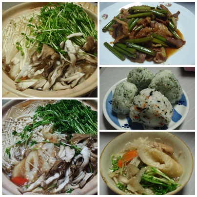 きりたんぽ鍋・豆苗(とうみょう)・にんにくの芽と牛肉の炒め物