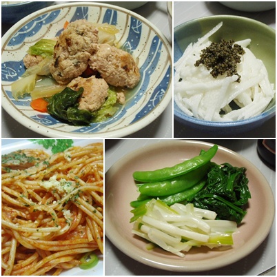 つくねと野菜の煮物・とんぶり・長芋・ナポリタン・おひたし