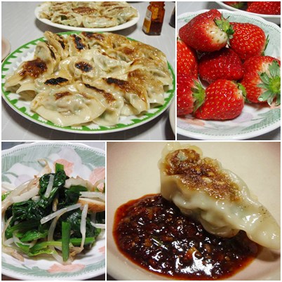 自家製餃子・うめちゃんのタレ・ほうれん草おひたし・とちおとめ