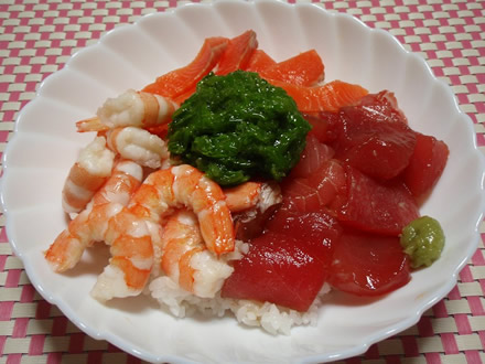 海鮮丼・ホタテ＆バジルのテリーヌ・生ハム&セロリ・プチヴェール