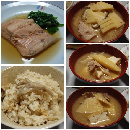 孟宗汁・桜ます煮・まいたけご飯