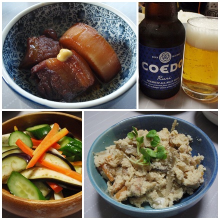 豚角煮・炒りおから(卯の花)・野菜浅漬け・コエドビール瑠璃