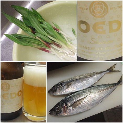 鯵のなめろう・孟宗汁・行者にんにくの炒め物・コエドビール白