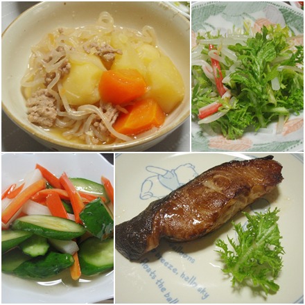 肉じゃが・銀だらしょう油漬・わさび菜のサラダ・きゅうりの浅漬け