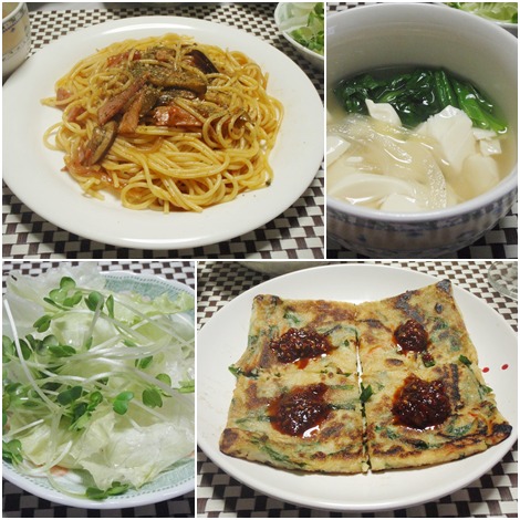 トマトとナスのパスタ・チヂミ・コンソメスープ・サラダ