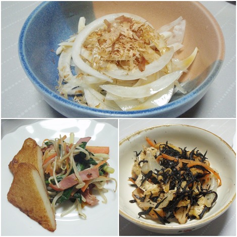 行者にんにくの炒め物・ひじき煮・新たまねぎスライス