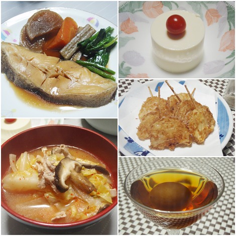 かれい煮付・豚キムチ汁・冷や奴・玉ねぎフライ・S53年の梅酒