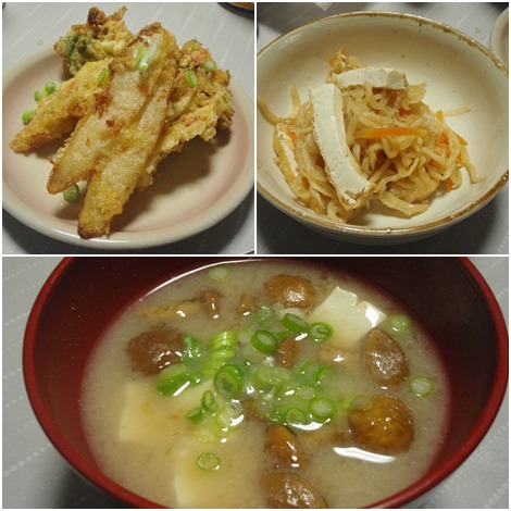 うどの天ぷら・切干大根の煮物・なめこ汁