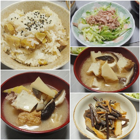 栗ご飯・孟宗汁・ツナサラダ・ワラビの煮物