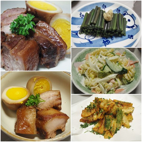 豚角煮・わらびのおひたし・フリジッジのサラダ・フライドポテト