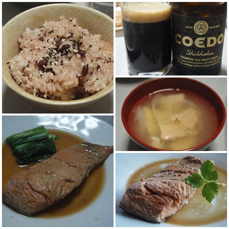 桜ます煮・赤飯・桜ますアラ汁・コエドビール[漆黒]