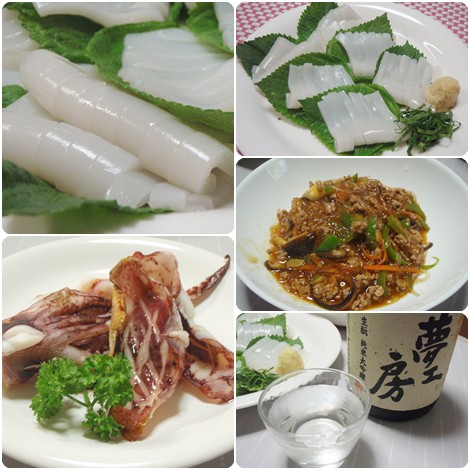 するめいか刺身・するめいか焼き・麻婆春雨・純米大吟醸夢工房