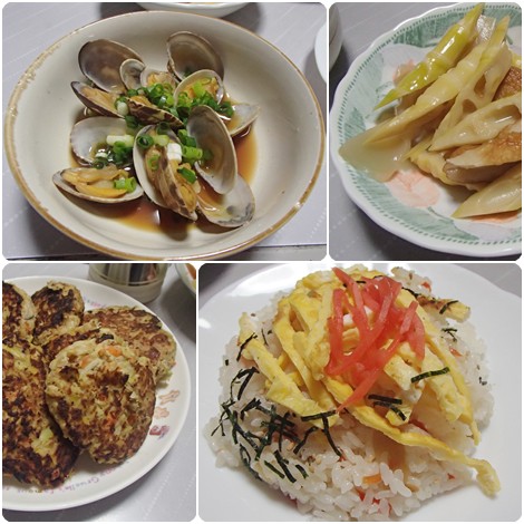 あさりの酒蒸し・ちらし寿司・細竹の煮物・細竹のハンバーグ