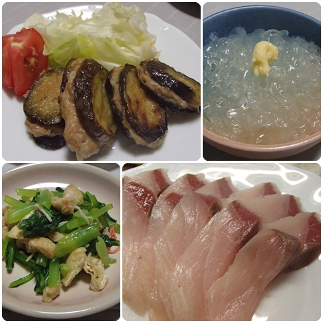 夏ぶりの刺身・なすのはさみ焼・ところてん・小松菜のおひたし