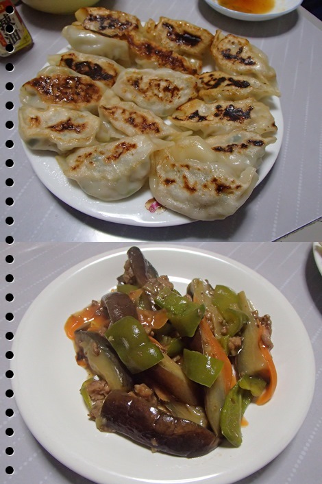 餃子・ピーマンと茄子の炒め物