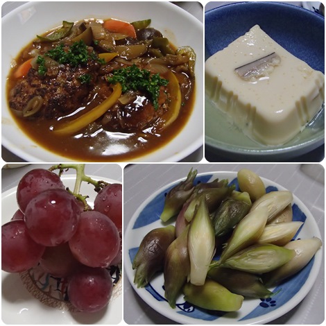 夏野菜煮込みハンバーグ・秋みょうが・卵豆腐・紅伊豆