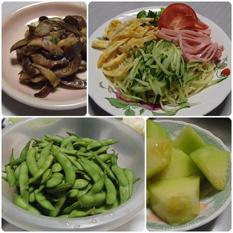 冷やし中華・なすとしその炒め物・枝豆・アンデスメロン
